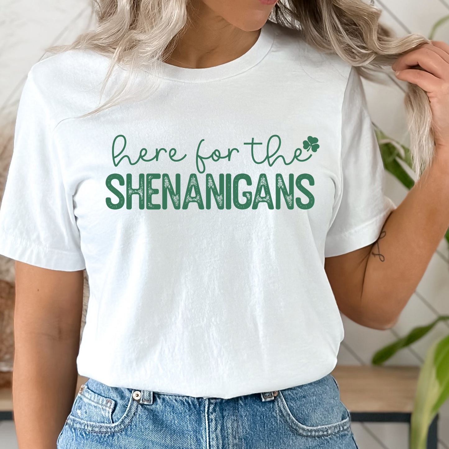 Here for the Shenanigans Funny St. Patrick's Day graphic t-shirt