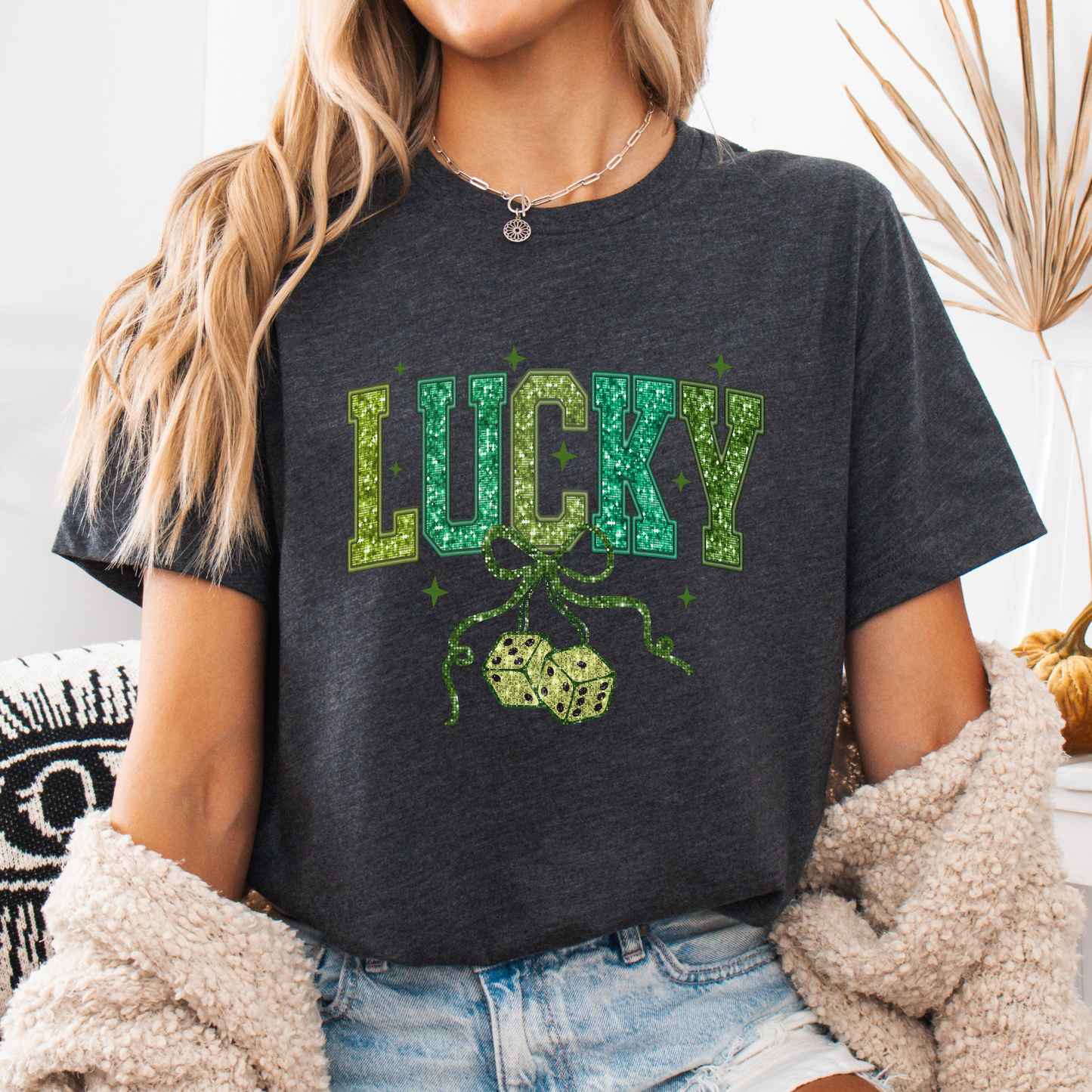 St. Patrick's Day lucky dice graphic t-shirt, Faux glitter