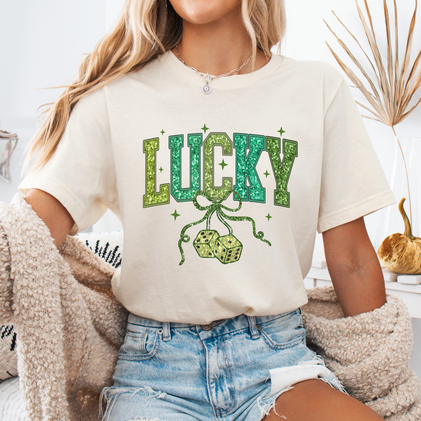 St. Patrick's Day lucky dice graphic t-shirt, Faux glitter