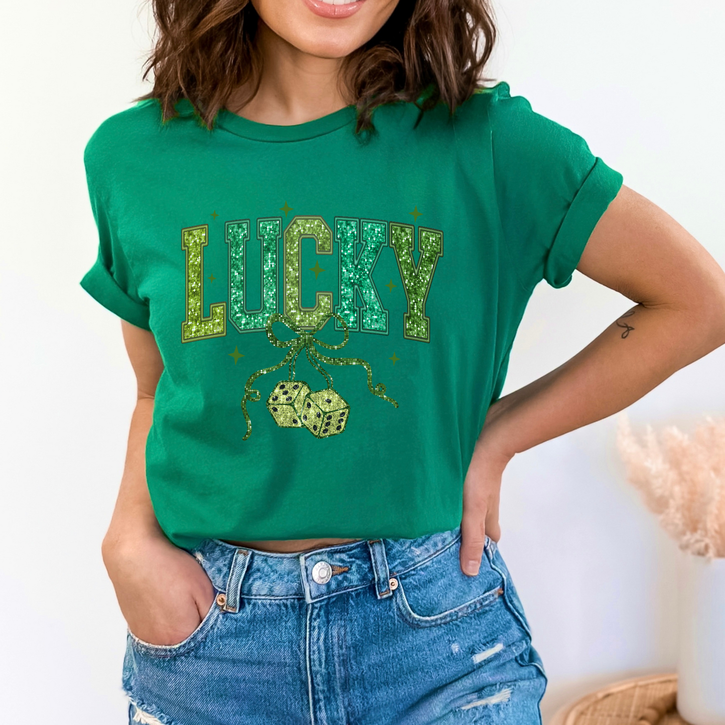 St. Patrick's Day lucky dice graphic t-shirt, Faux glitter