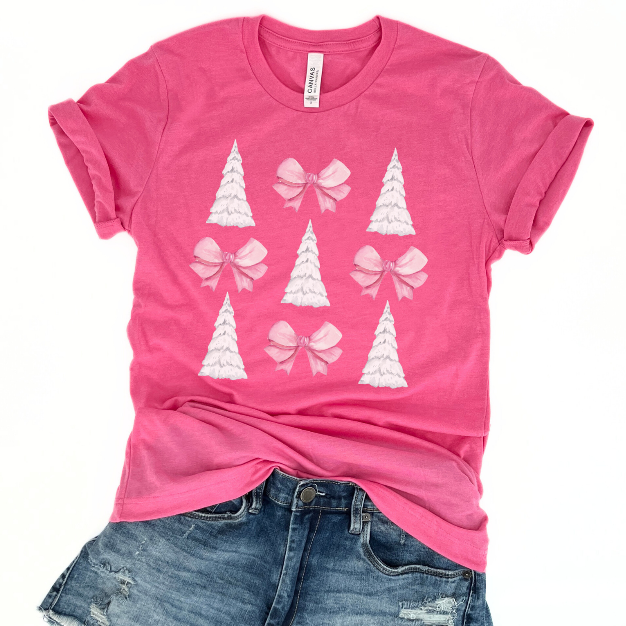 White Christmas tree coquette t-shirt with pink bows