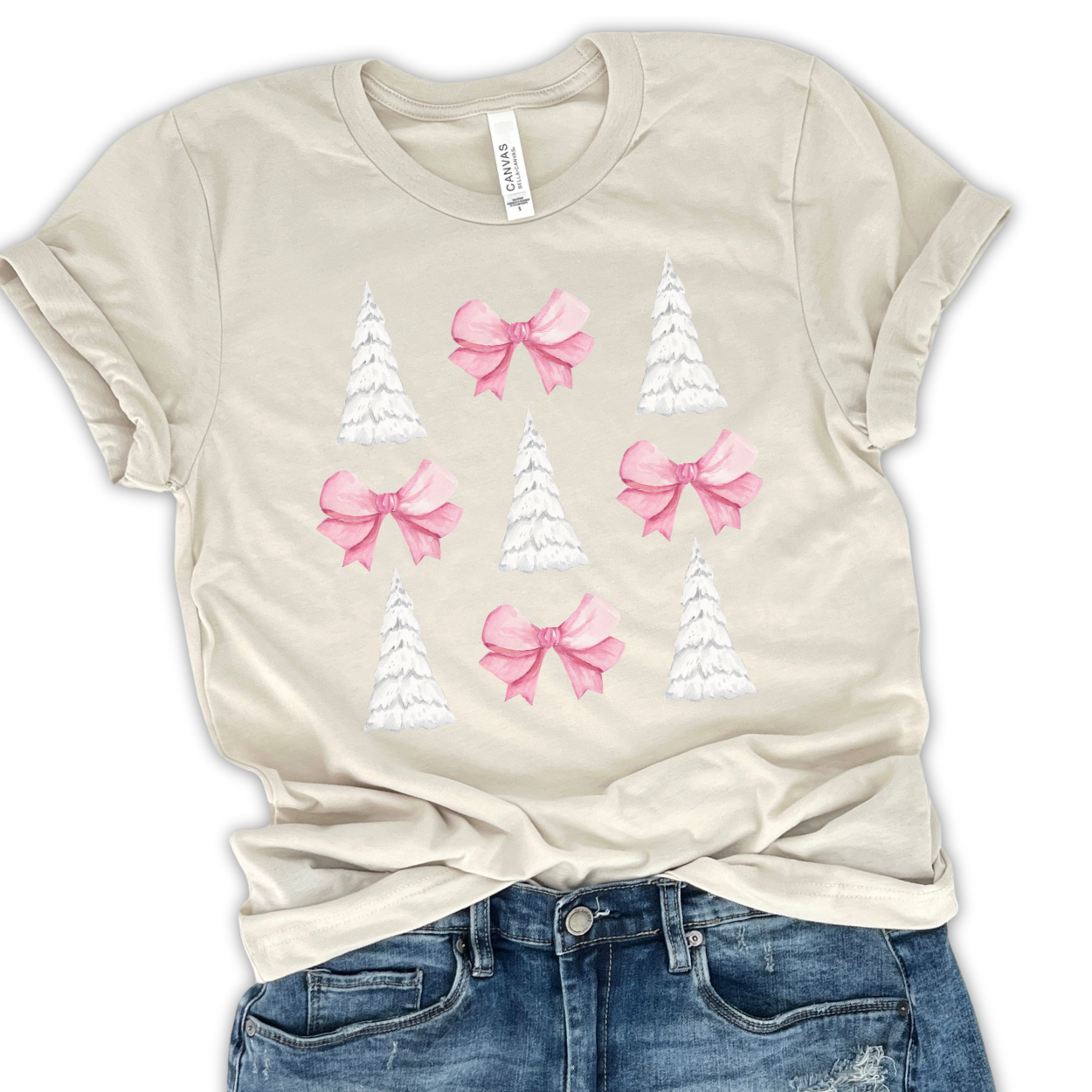 White Christmas tree coquette t-shirt with pink bows