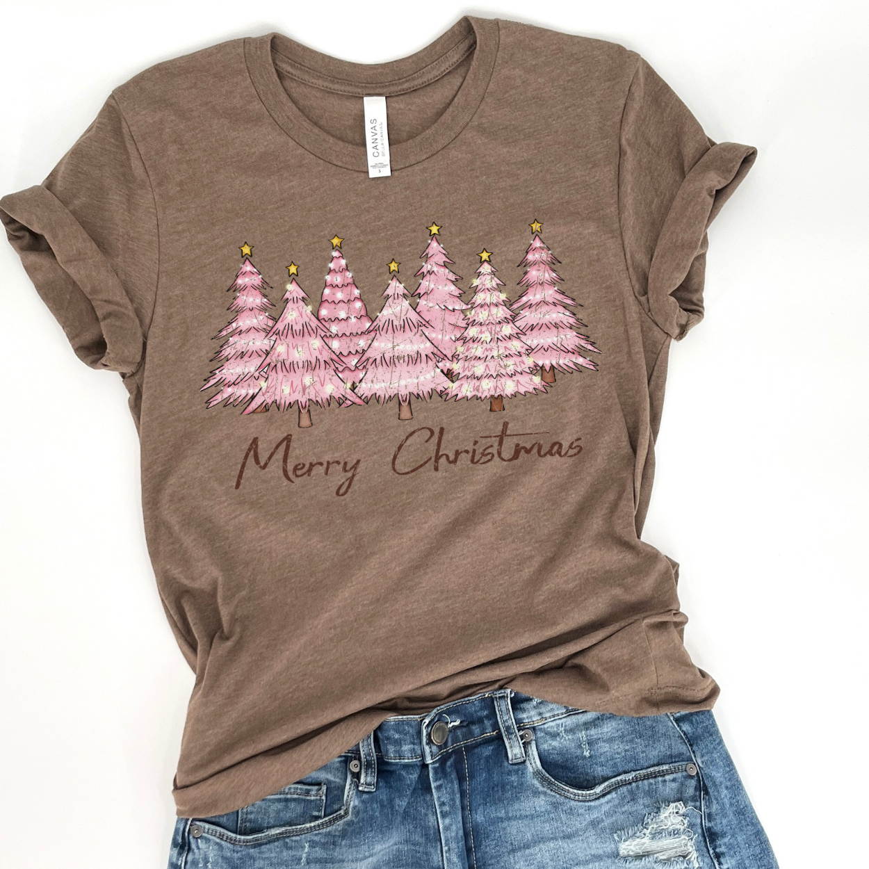 Pink "Merry Christmas" trees t-shirt