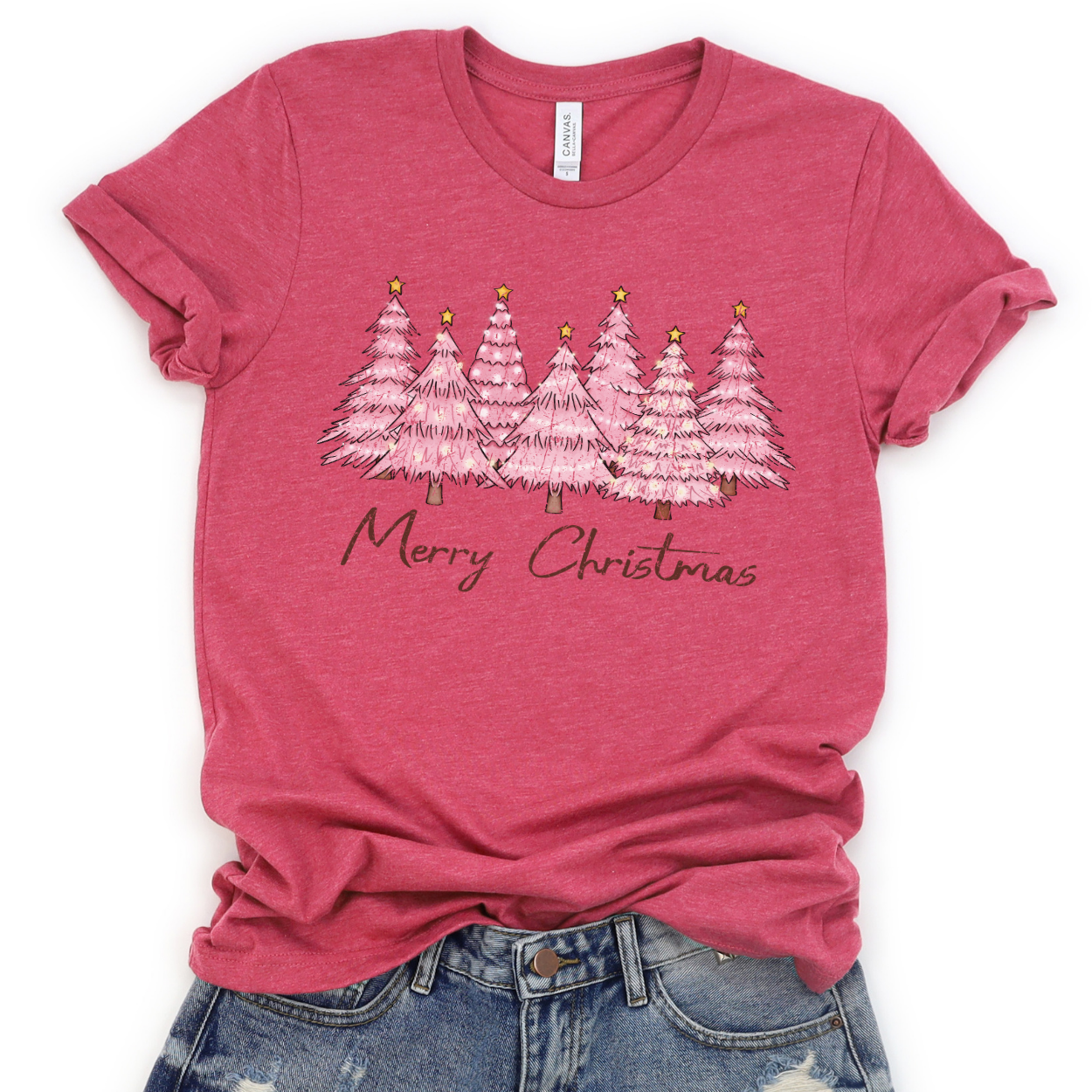 Pink "Merry Christmas" trees t-shirt