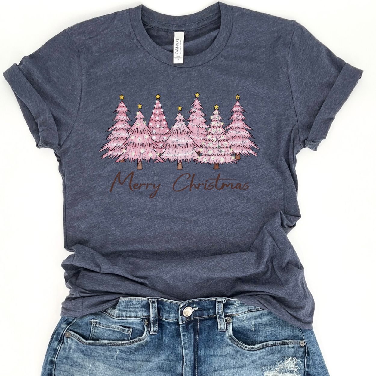 Pink "Merry Christmas" trees t-shirt