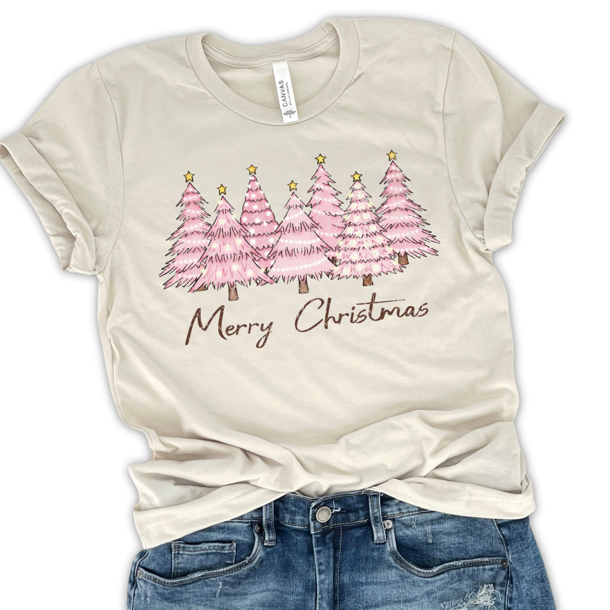 Pink "Merry Christmas" trees t-shirt