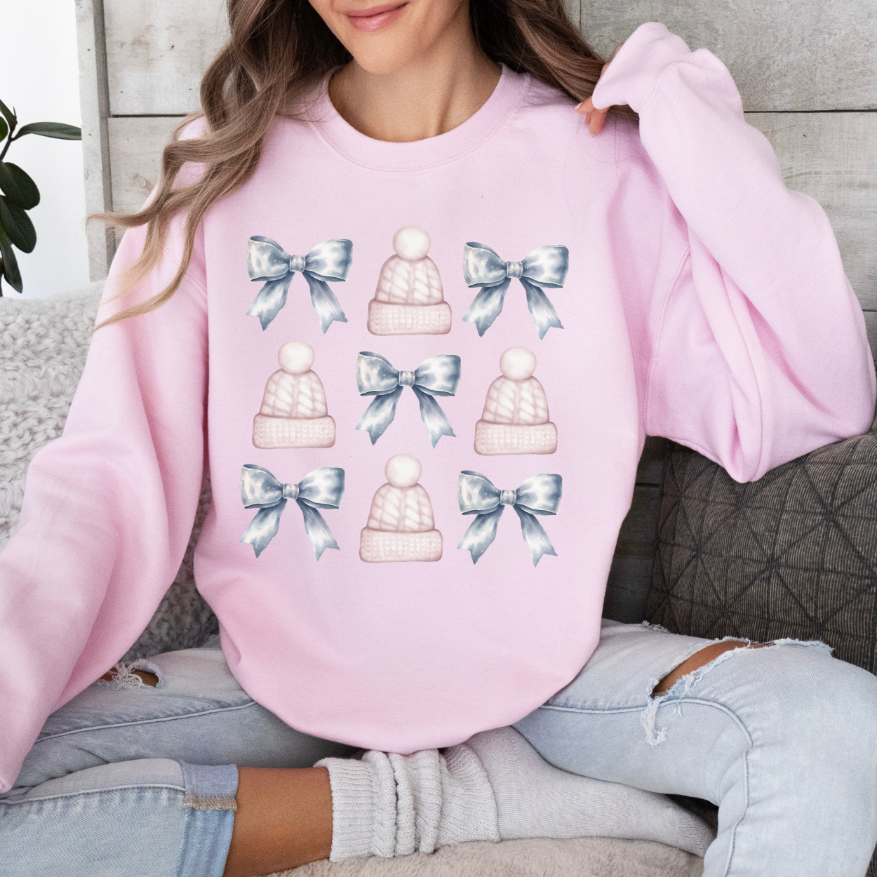 Christmas pink beanies and bows coquette women's sweatshirt