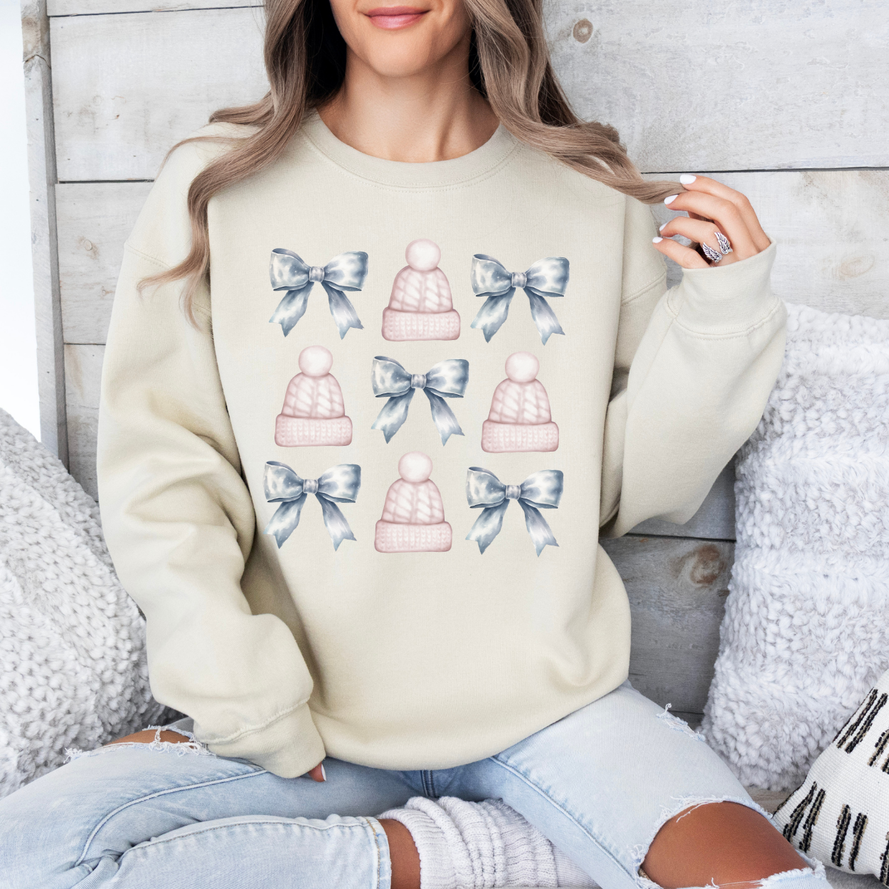 Christmas pink beanies and bows coquette women's sweatshirt