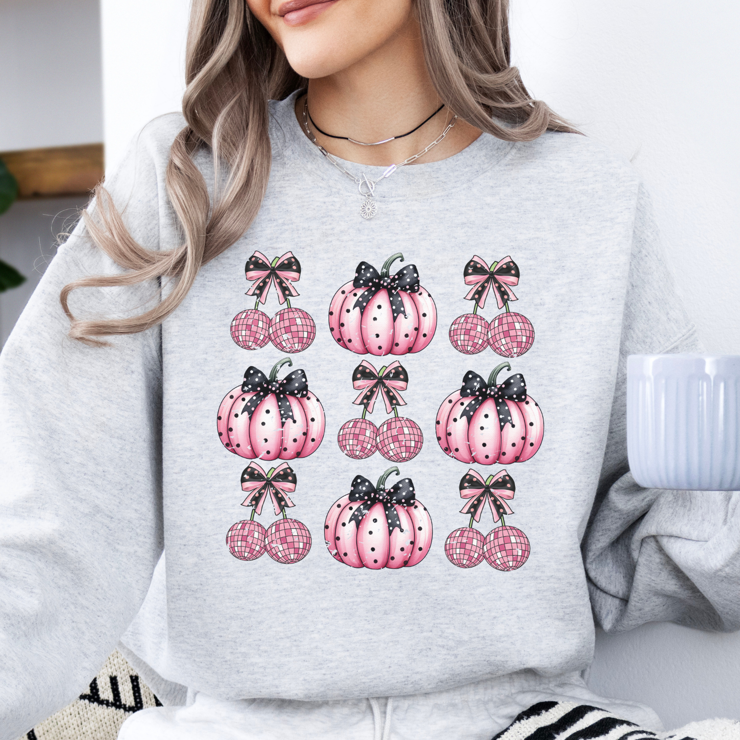 Pink disco cherries and pink pumpkins Halloween coquette sweatshirt