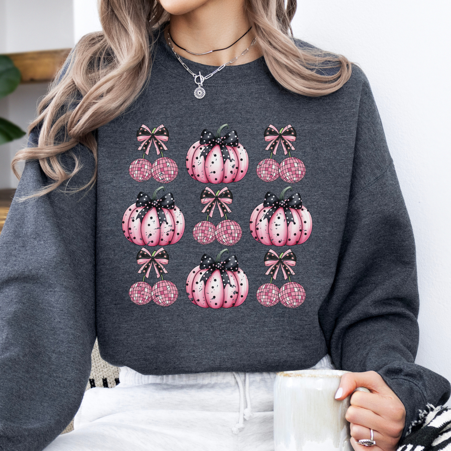 Pink disco cherries and pink pumpkins Halloween coquette sweatshirt