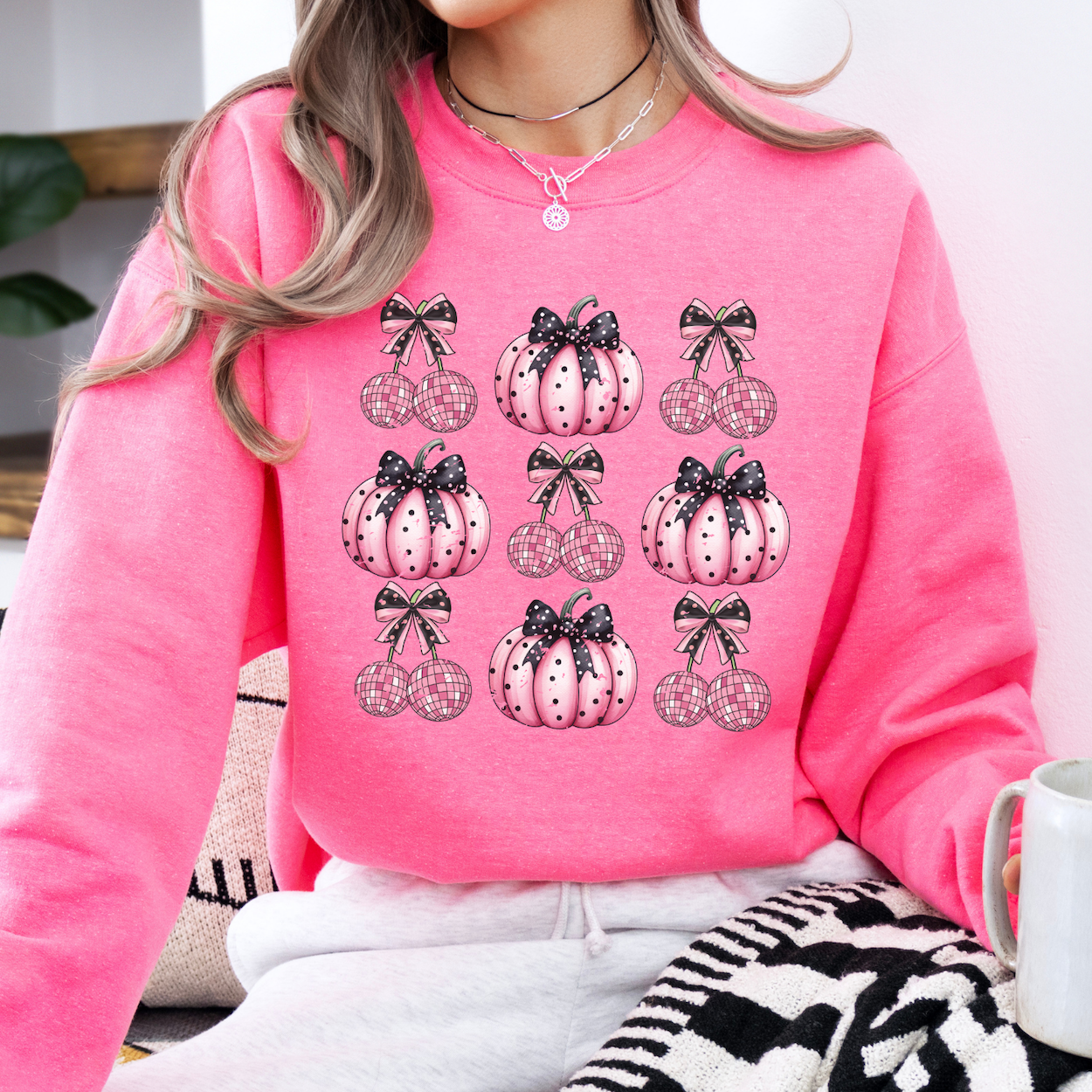 Pink disco cherries and pink pumpkins Halloween coquette sweatshirt