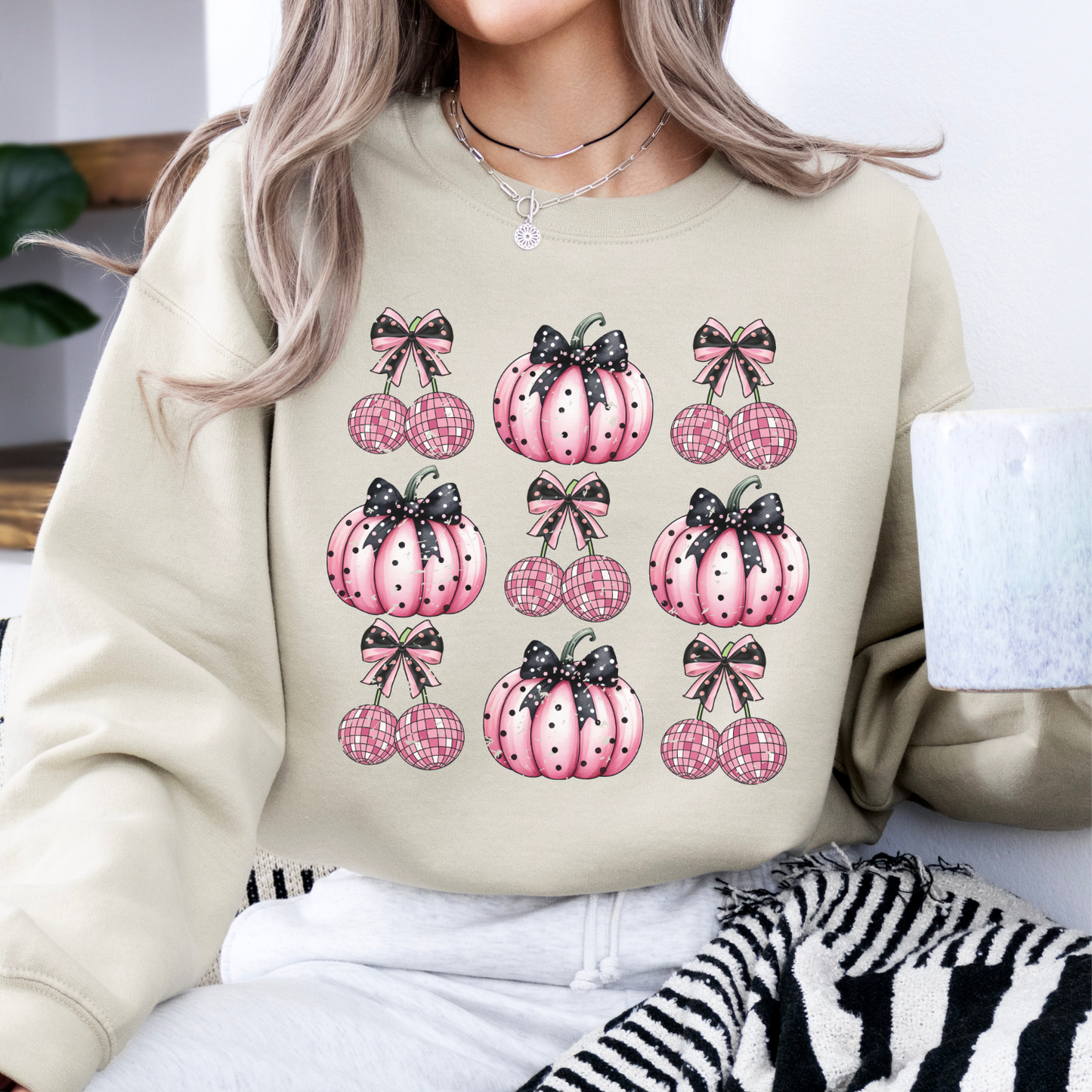 Pink disco cherries and pink pumpkins Halloween coquette sweatshirt