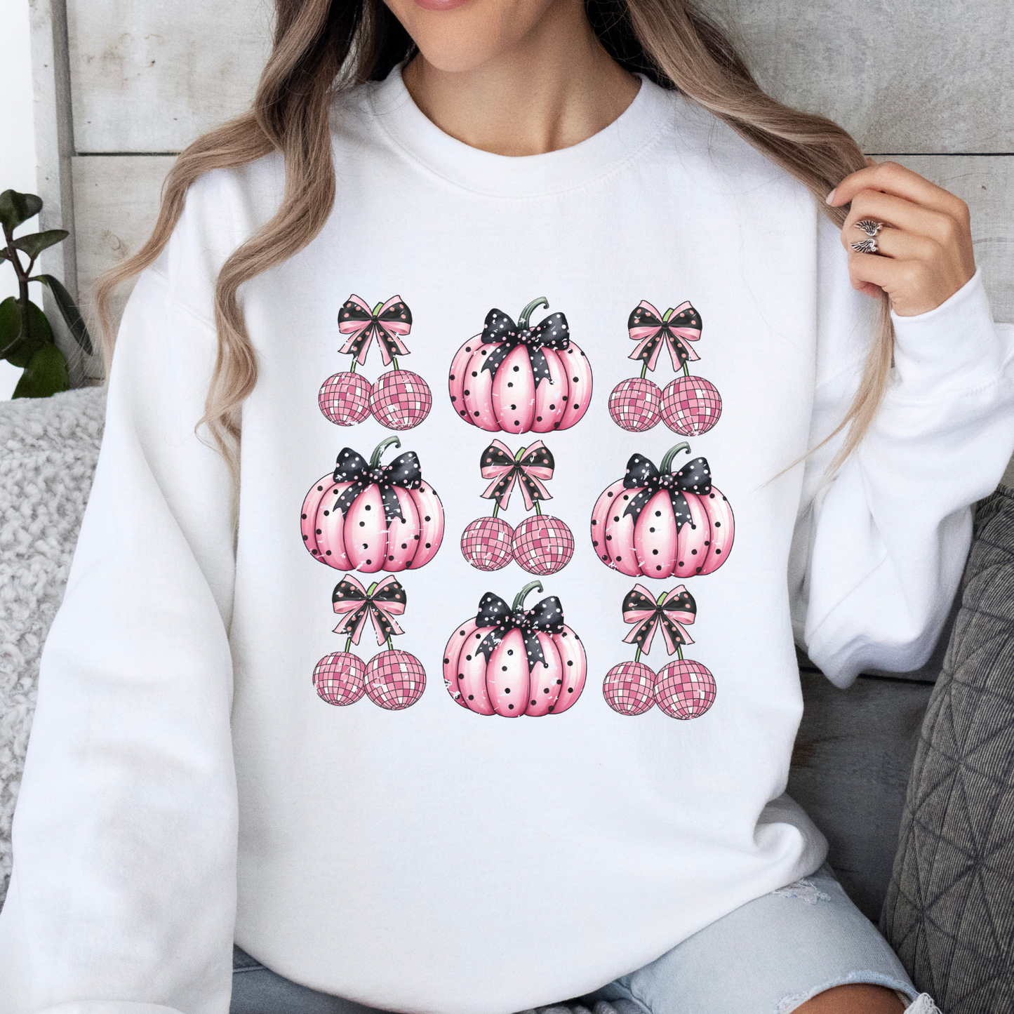 Pink disco cherries and pink pumpkins Halloween coquette sweatshirt