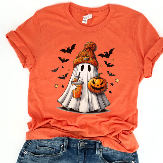 Ghost with a pumpkin spice latte Halloween t-shirt