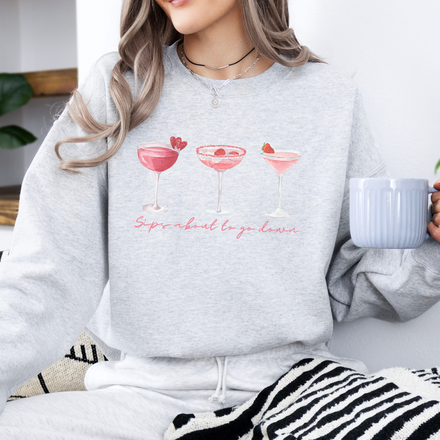 Sips about to go down Valentine's Day cocktail crewneck