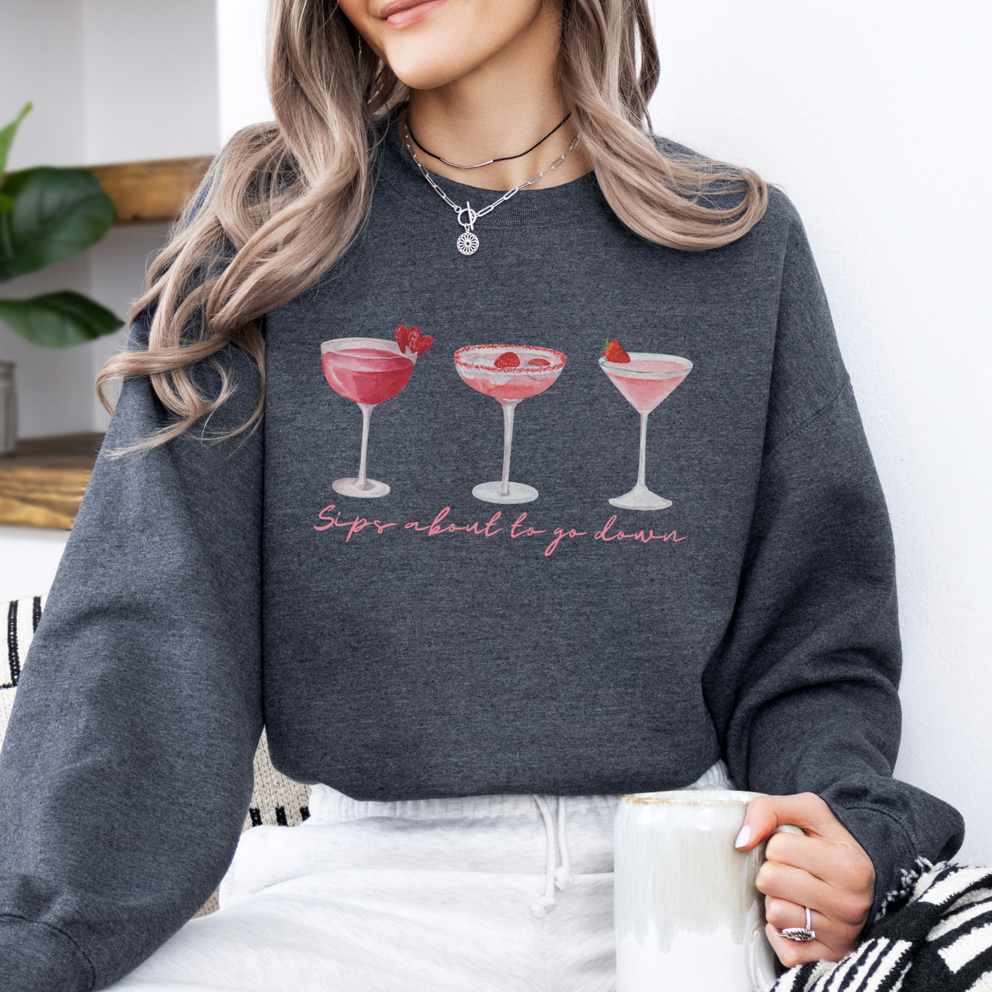 Sips about to go down Valentine's Day cocktail crewneck