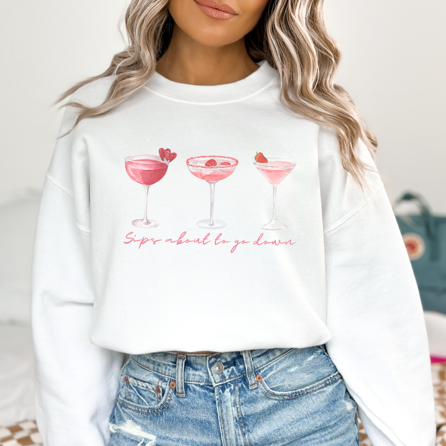 Sips about to go down Valentine's Day cocktail crewneck