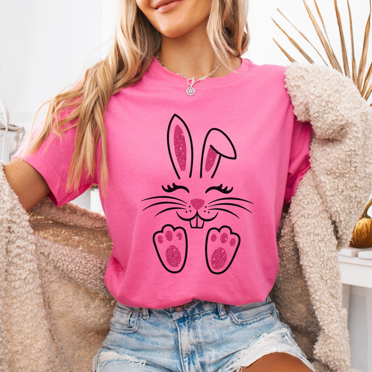 Faux glitter cute Easter bunny graphic t-shirt