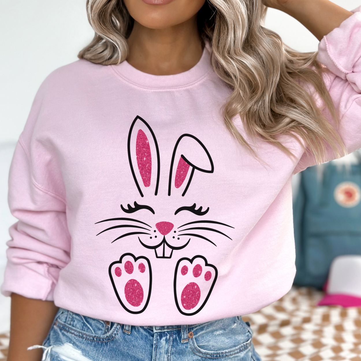 Easter bunny graphic sweatshirt, faux pink glitter