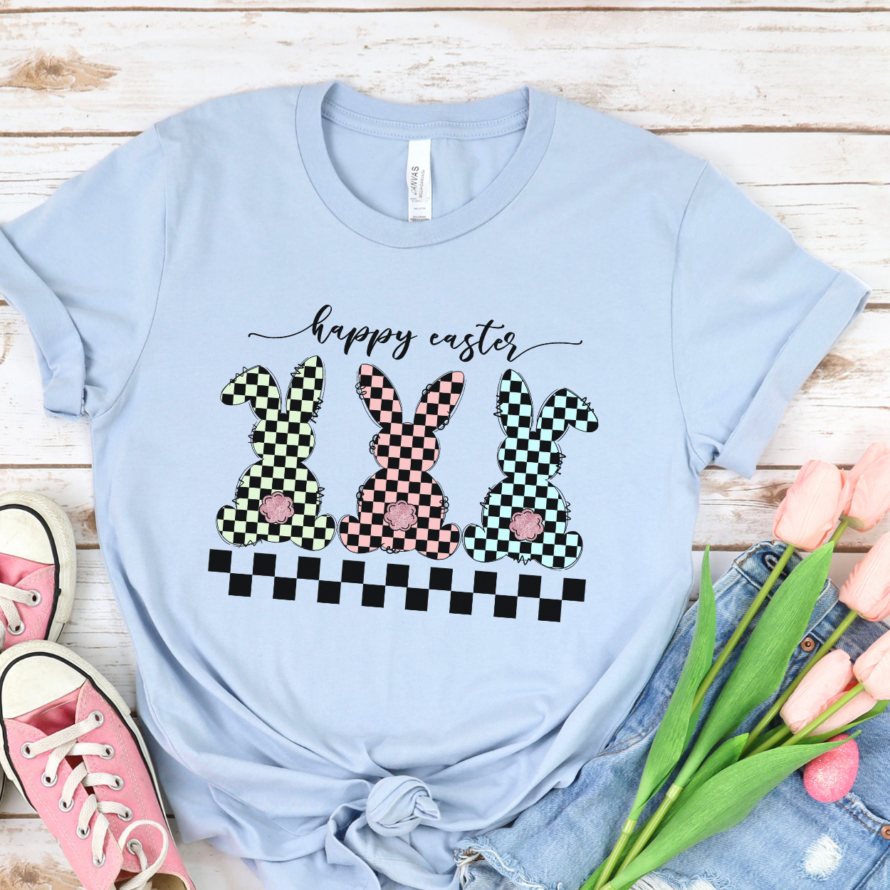 Black white checkered Easter bunny women's graphic t-shirt