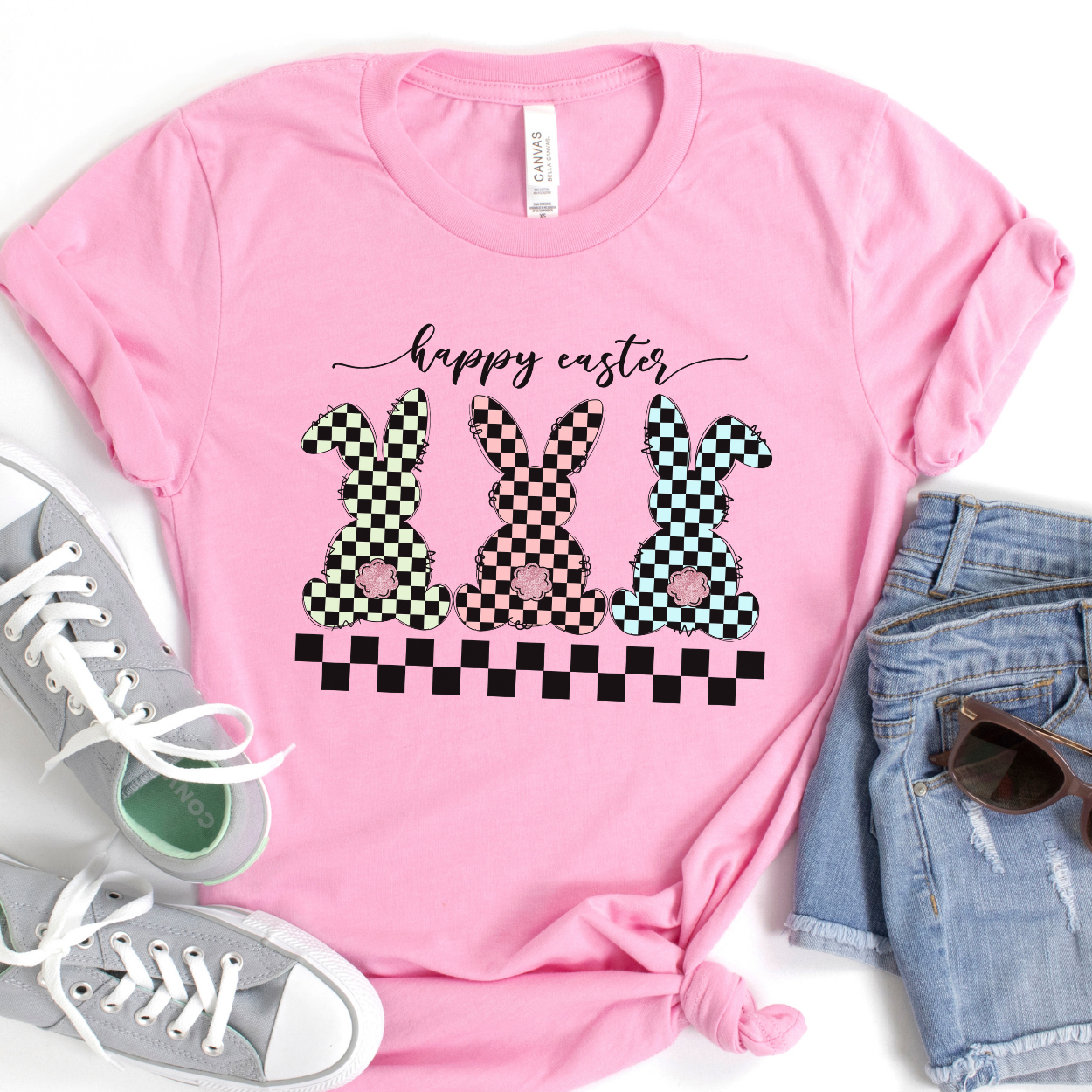 Black white checkered Easter bunny women's graphic t-shirt