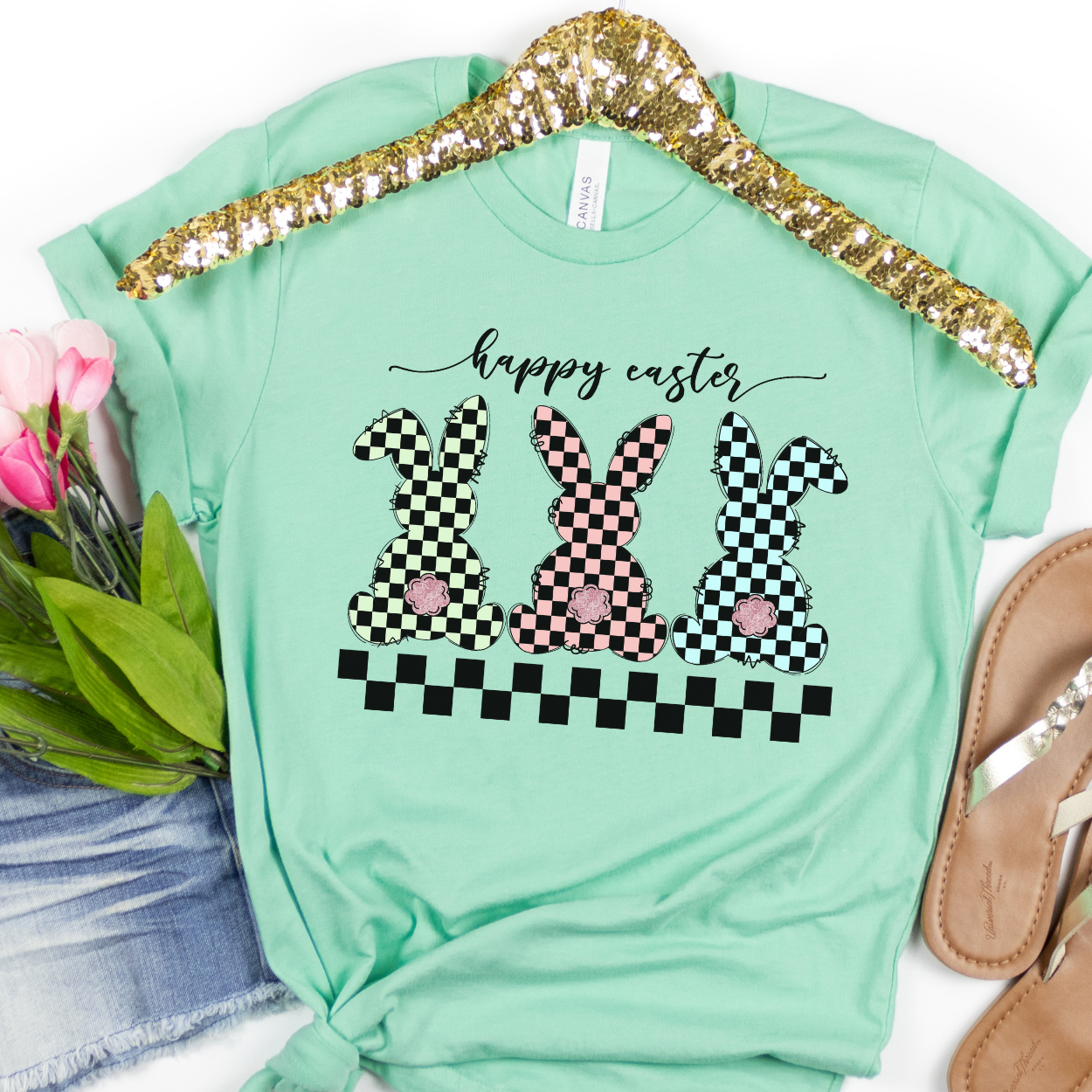 Black white checkered Easter bunny women's graphic t-shirt