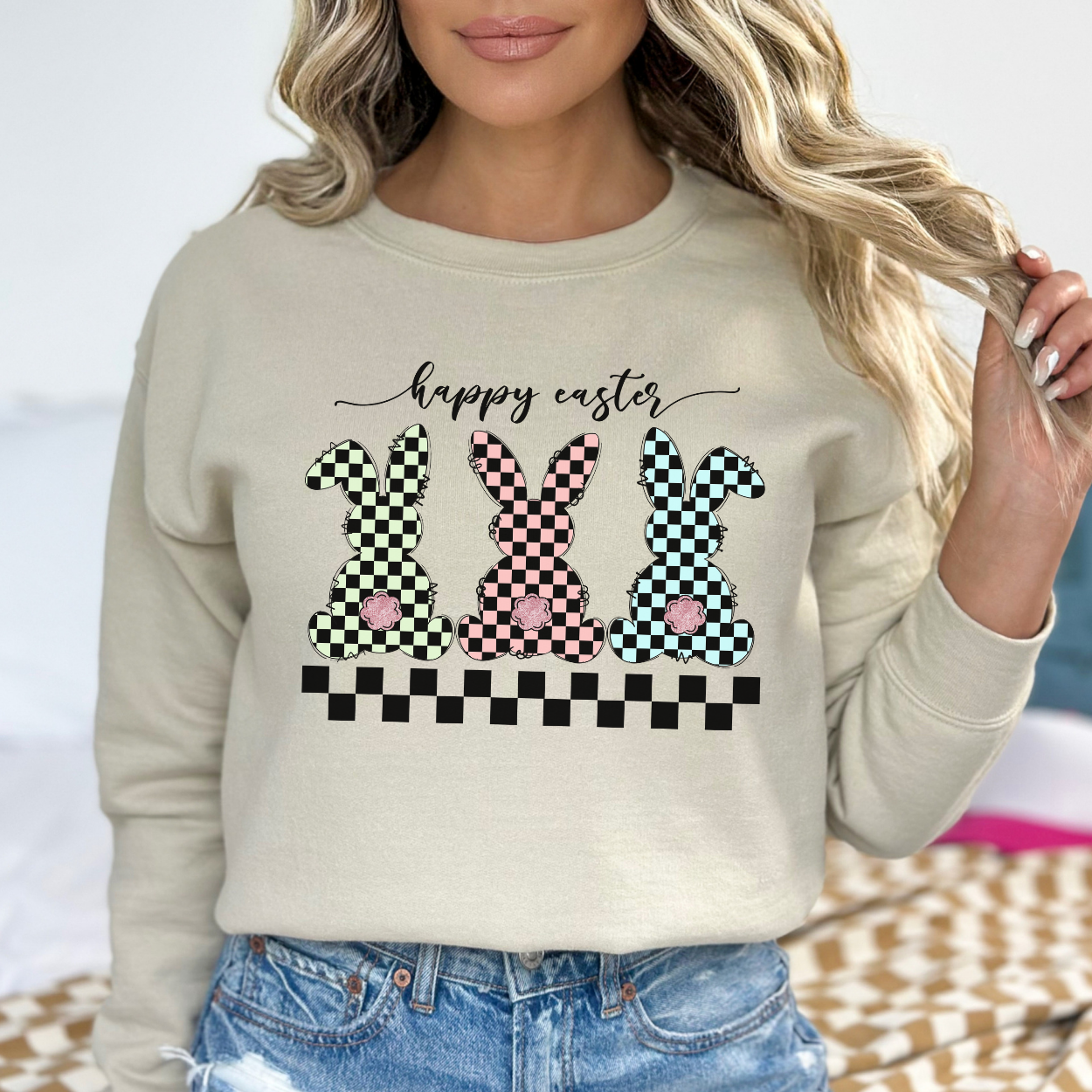 Checkered Easter bunny graphic sweatshirt