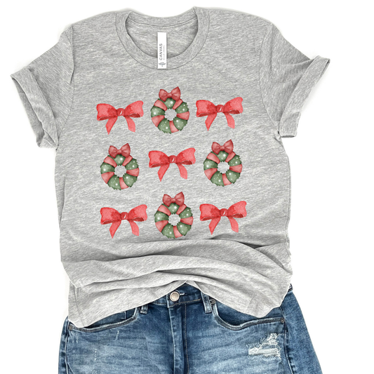 Christmas wreaths coquette t-shirt, Women's holiday top