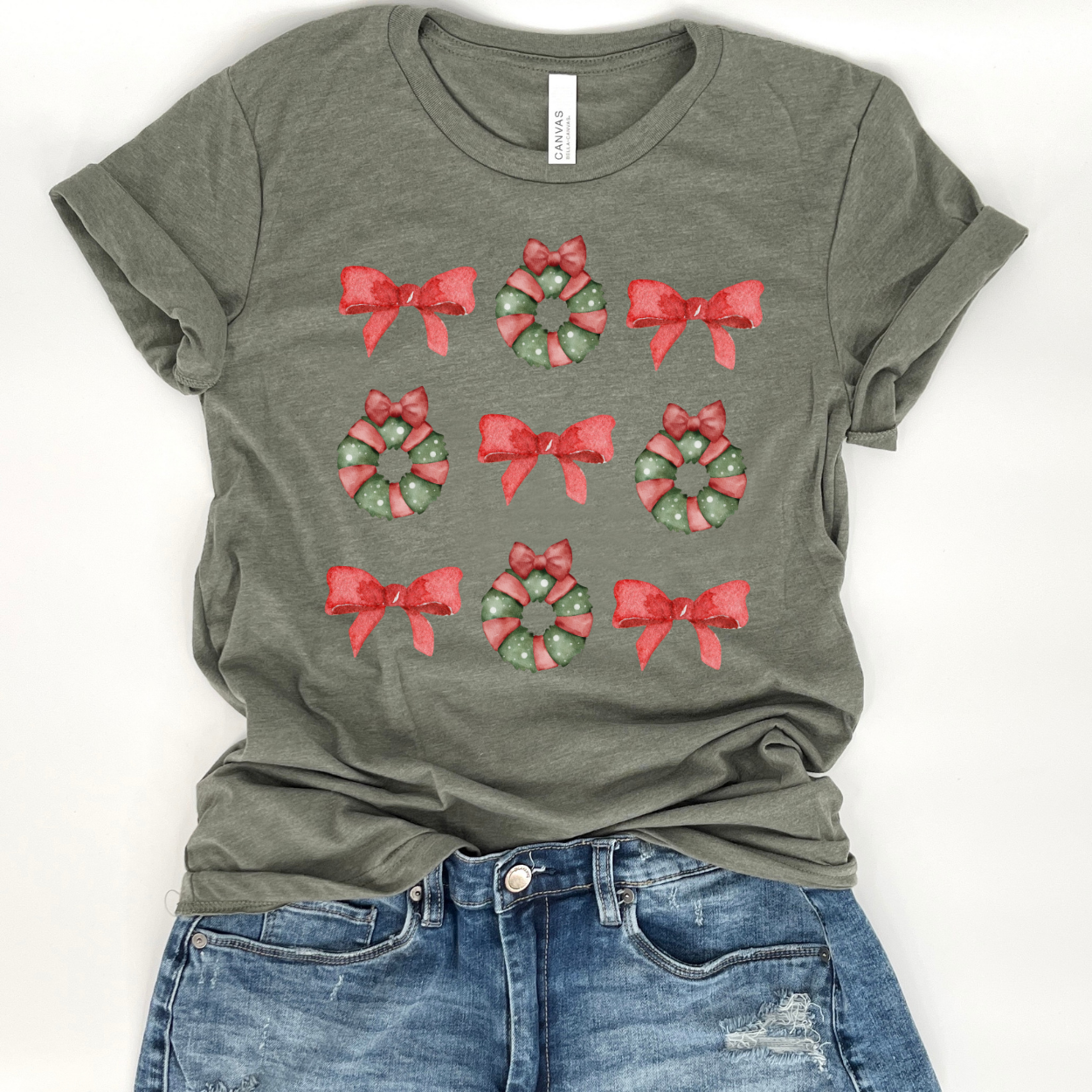 Christmas wreaths coquette t-shirt, Women's holiday top