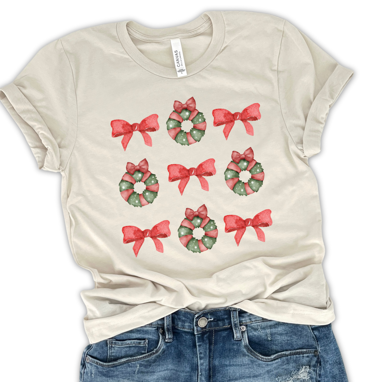 Christmas wreaths coquette t-shirt, Women's holiday top